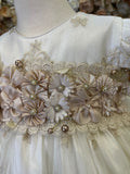 Style 1408 baptism Dress in Ivory with Champagne Lace (ONLY DRESS AND BONNET) FINAL SALE NO REFUND