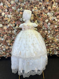 Style 1408 baptism Dress in Ivory with Champagne Lace (ONLY DRESS AND BONNET) FINAL SALE NO REFUND