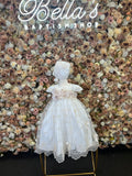 Style 1408 baptism Dress in Ivory with Champagne Lace (ONLY DRESS AND BONNET) FINAL SALE NO REFUND