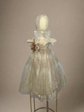 Style 1418 baptism Dress in Ivory with Champagne Lace (ONLY DRESS AND BONNET) FINAL SALE NO REFUND