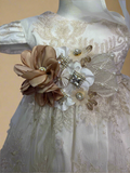 Style 1418 baptism Dress in Ivory with Champagne Lace (ONLY DRESS AND BONNET) FINAL SALE NO REFUND