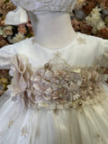 Style 1408 baptism Dress in Ivory with Champagne Lace (ONLY DRESS AND BONNET) FINAL SALE NO REFUND