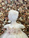Style 1408 baptism Dress in Ivory with Champagne Lace (ONLY DRESS AND BONNET) FINAL SALE NO REFUND