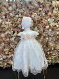 Style 1408 baptism Dress in Ivory with Champagne Lace (ONLY DRESS AND BONNET) FINAL SALE NO REFUND