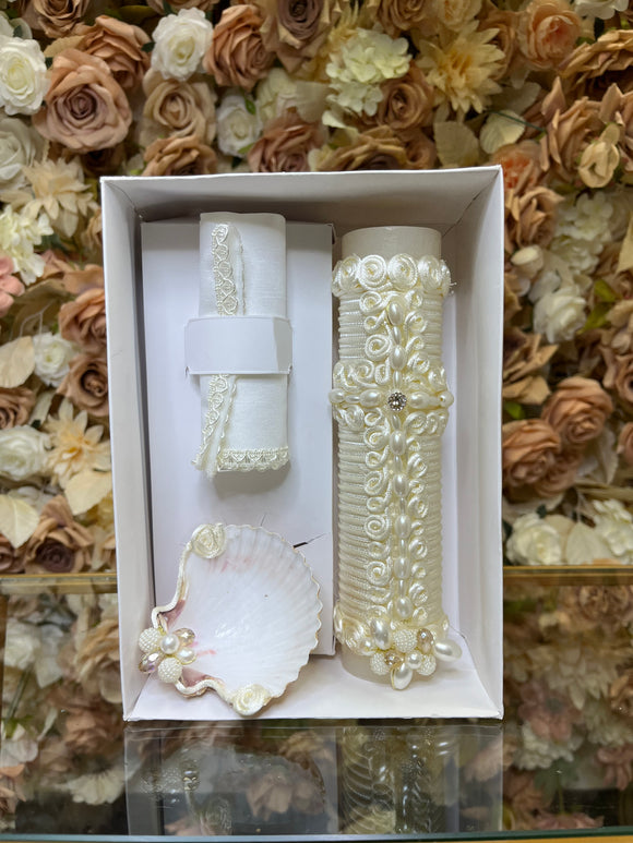 3 piece Cross Baptism Candle Set for boys in Ivory Style 52