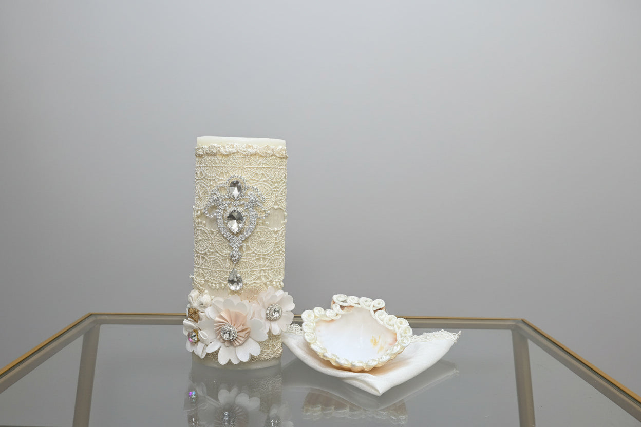 3 piece Girl baptism candle set in ivory Style 12