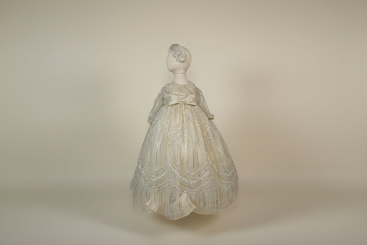 Ropon Celeste tono Champagne / Celest Baptism Dress in Champagne