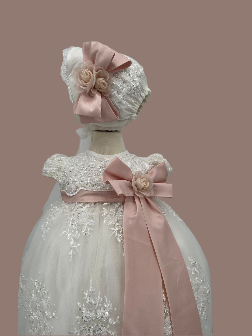Denise Baptism Dress in Creamy Ivory/ Ropon Denise en tono Perla (DRESS AND BONNET ONLY/ ROPON Y GORRITO SOLAMENTE)