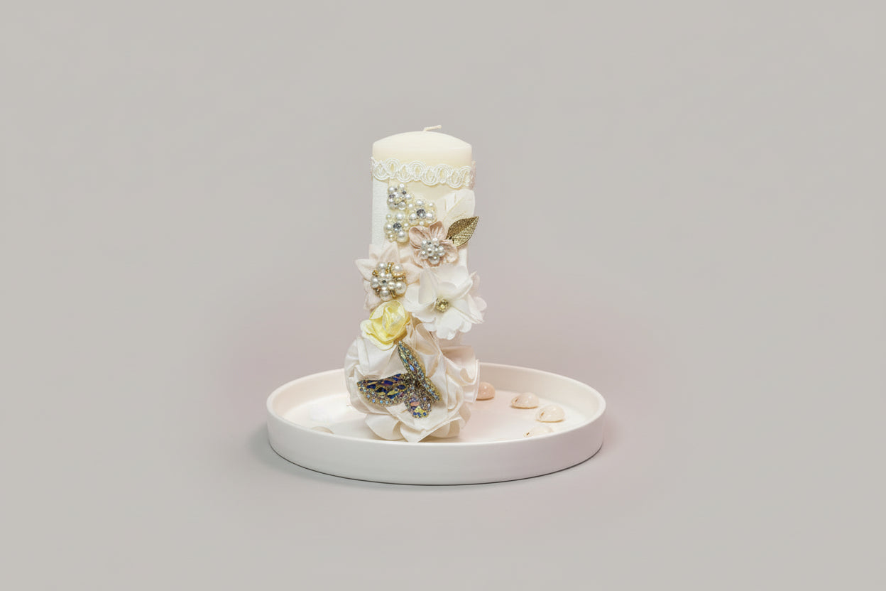 3 piece Girl baptism candle set in ivory Style 14