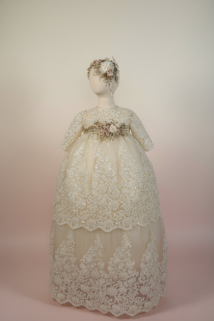 Ropon Sofia tono Champagne/ Sofia Baptism Dress in Champagne