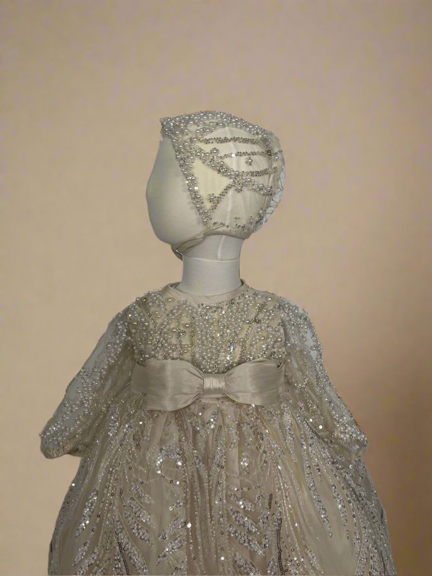 Perla Baptism Dress in Champagne Long Sleeve