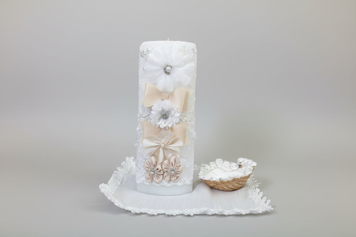 3 piece Girl baptism candle set in white