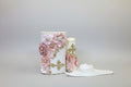 A set of four pink and white wood box candle holders with decorative elements, possibly for a baptism or bridal shower gift.