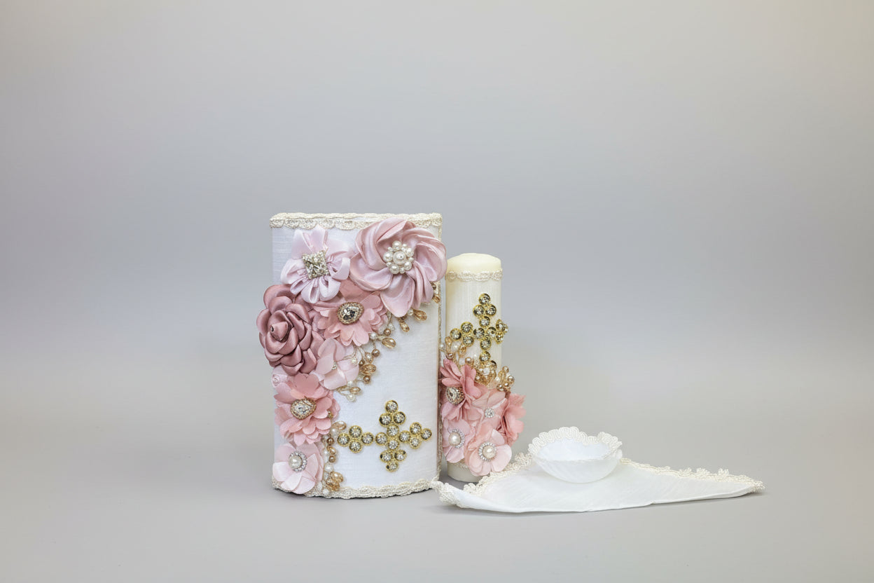 A set of four pink and white wood box candle holders with decorative elements, possibly for a baptism or bridal shower gift.