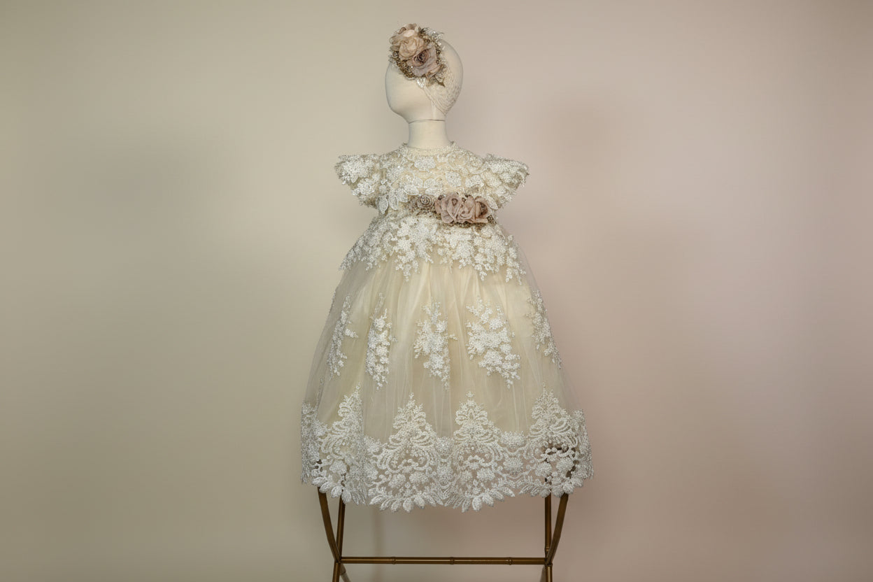 Ropon Adela tono Champagne/ Adela Baptism Dress in Champagne