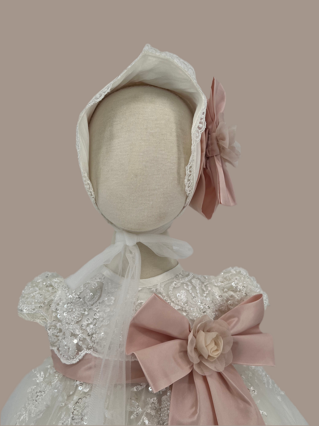 Denise Baptism Dress in Creamy Ivory/ Ropon Denise en tono Perla (DRESS AND BONNET ONLY/ ROPON Y GORRITO SOLAMENTE)