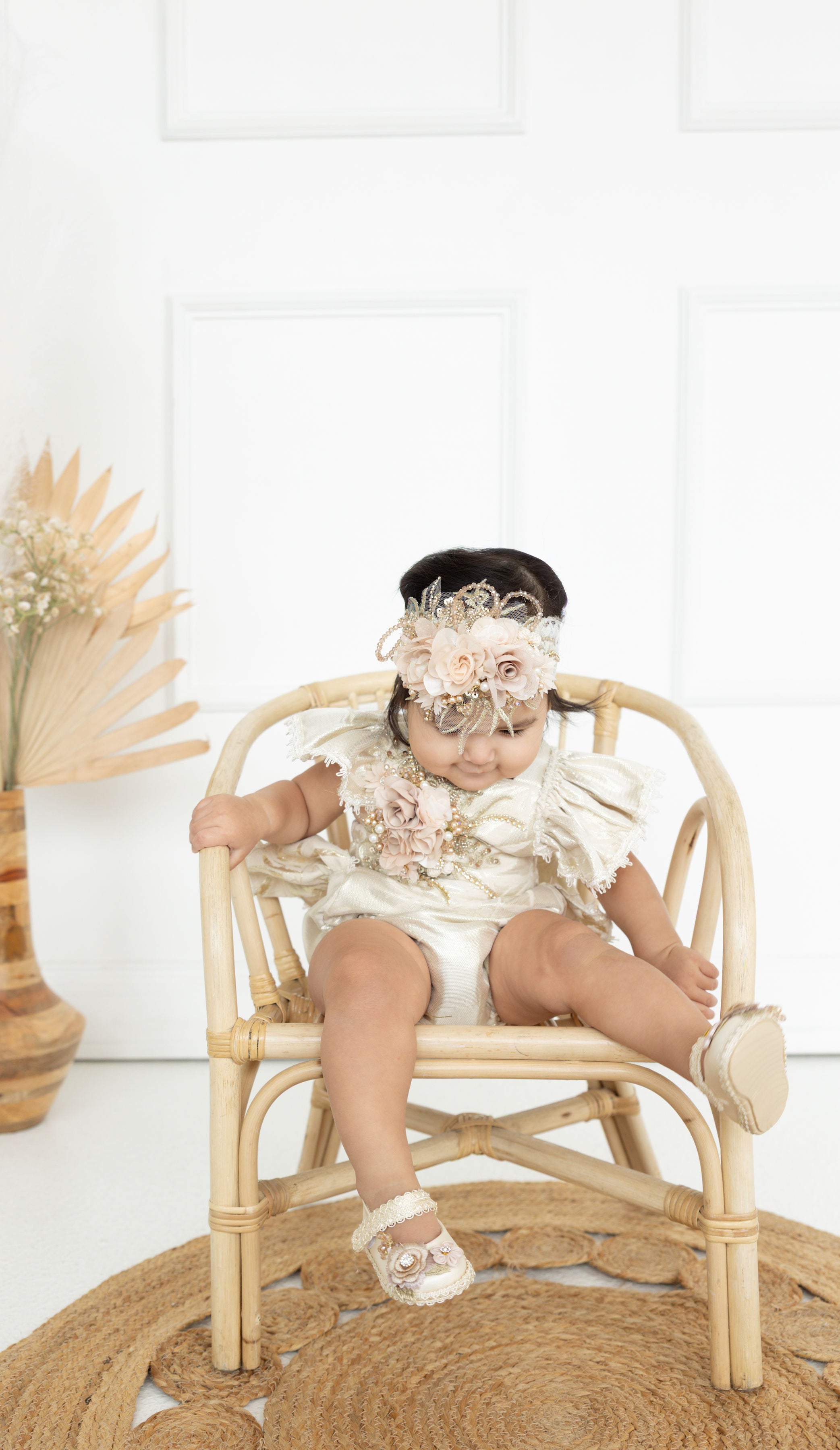 Charlotte Beige/ Gold Romper Bella's Baptism Shop LLC Charlotte Beige/ Gold Romper Bella's Baptism Shop LLC