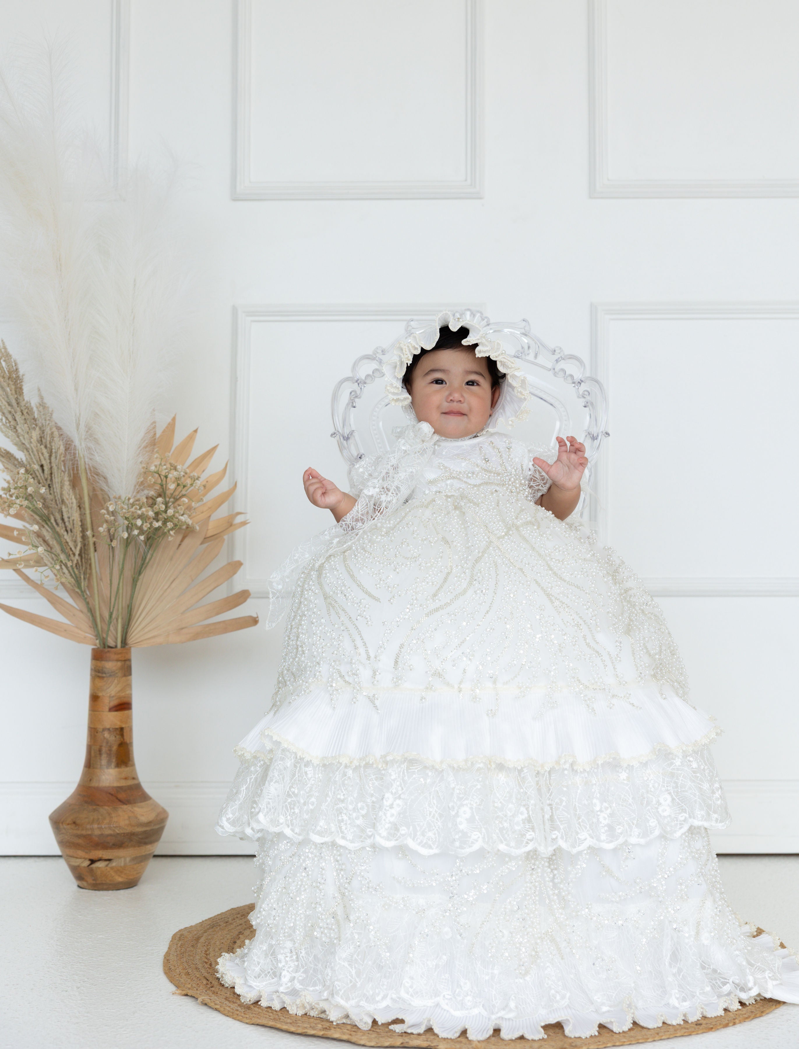 JAZMIN BAPTISM DRESS IN CREAMY IVORY/ ROPON JAZMIN EN TONO PERLA Bella's Baptism Shop LLC JAZMIN BAPTISM DRESS IN CREAMY IVORY/ ROPON JAZMIN EN TONO PERLA Bella's Baptism Shop LLC