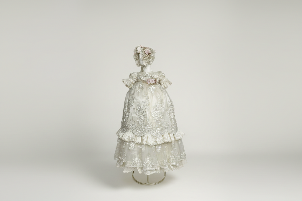 Mannequin wearing a decorative dress with floral headpiece on a beige background