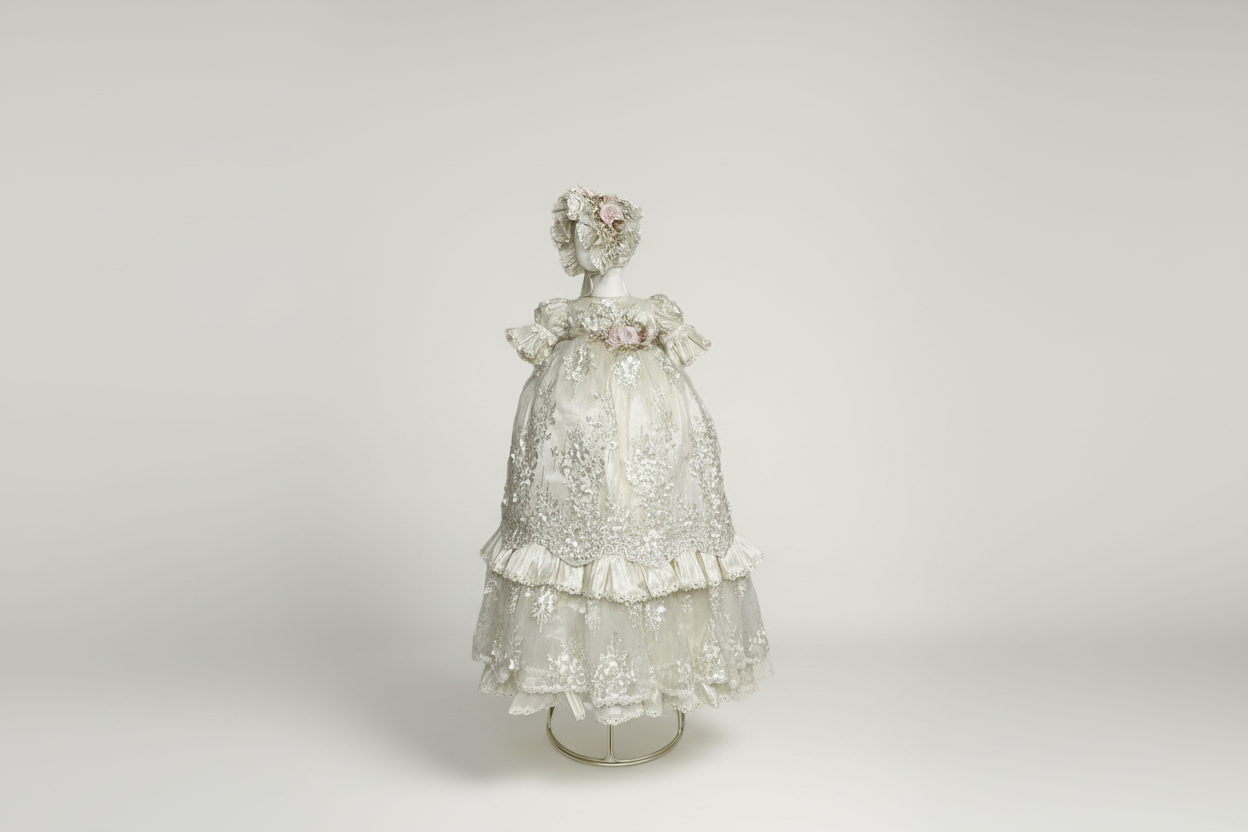 Mannequin wearing a decorative dress with floral headpiece on a beige background