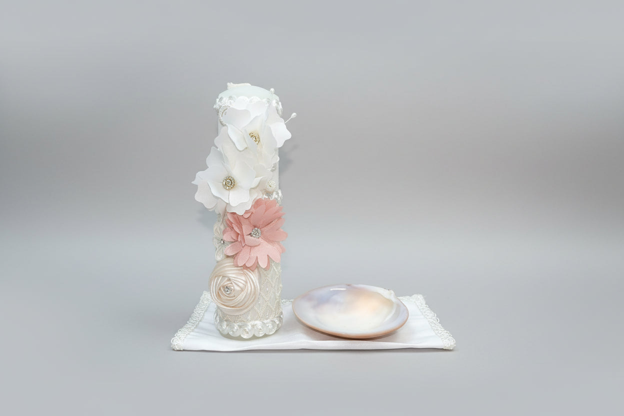 3 piece Girl baptism candle set in ivory Style 106