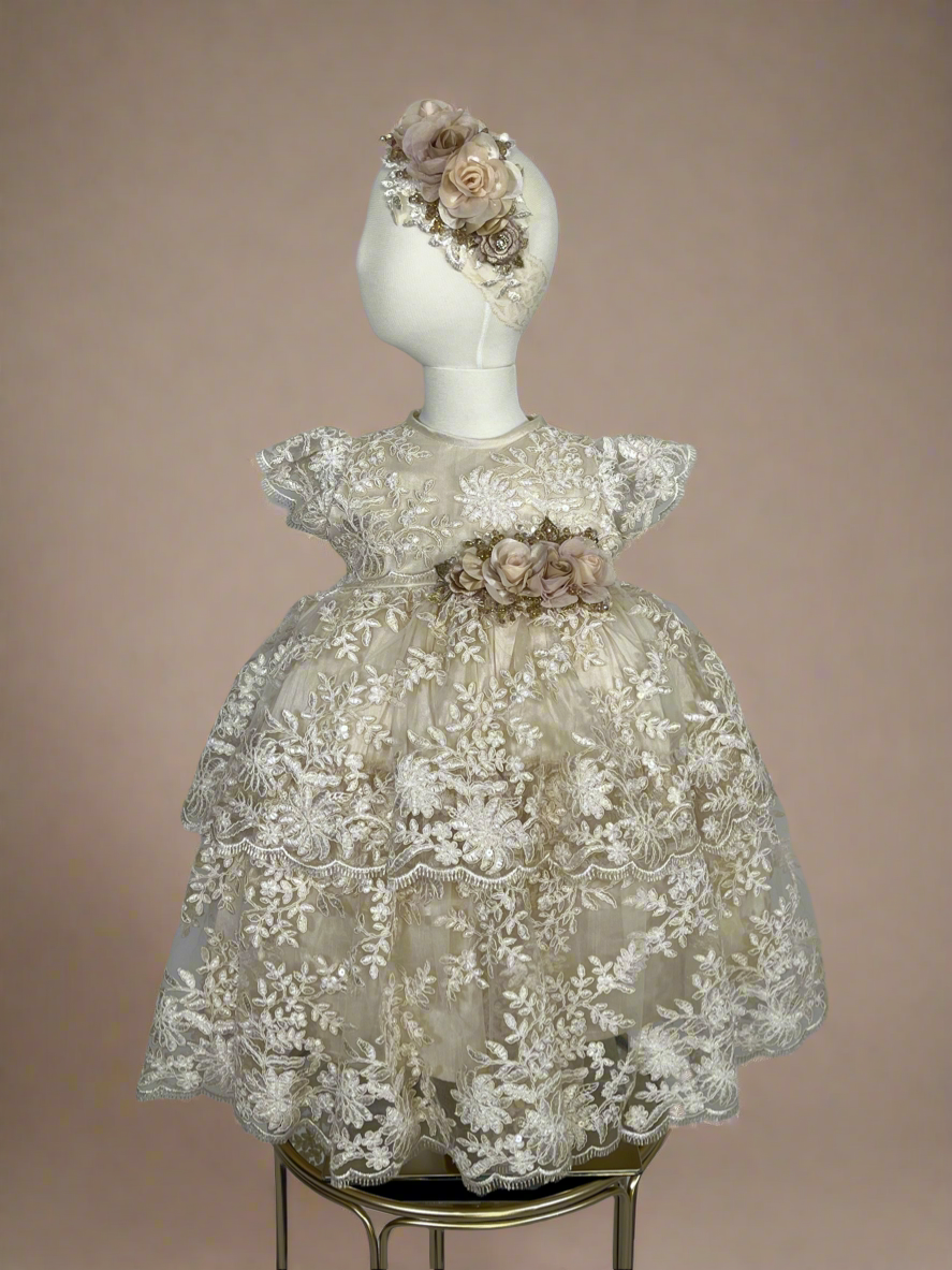 Marina Baptism Dress in Champagne 4 Layers/ Ropon Marina 4 olanes