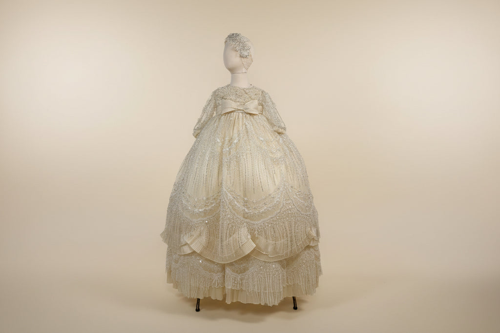 Ropon Celeste tono Champagne / Celest Baptism Dress in Champagne