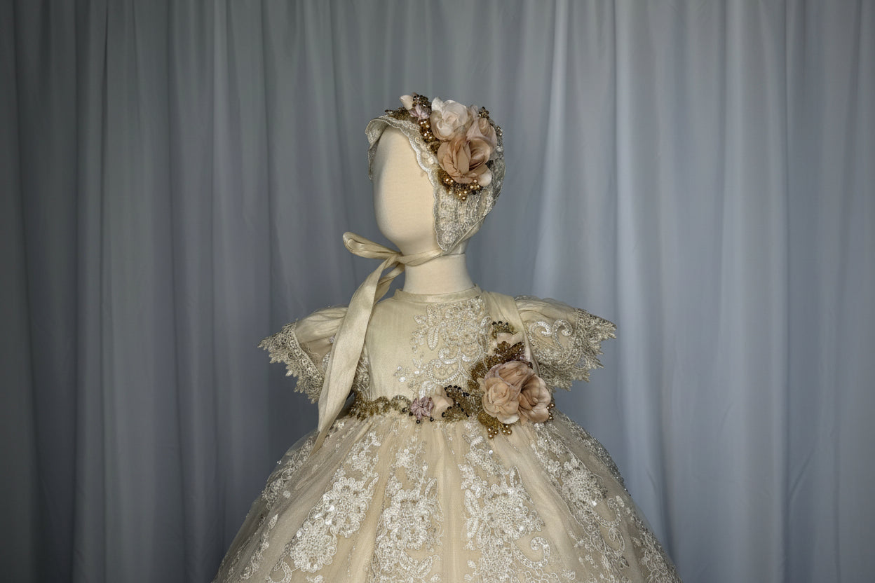 Ropon Angelica tono Champagne/ Angelica Baptism Dress in Champagne