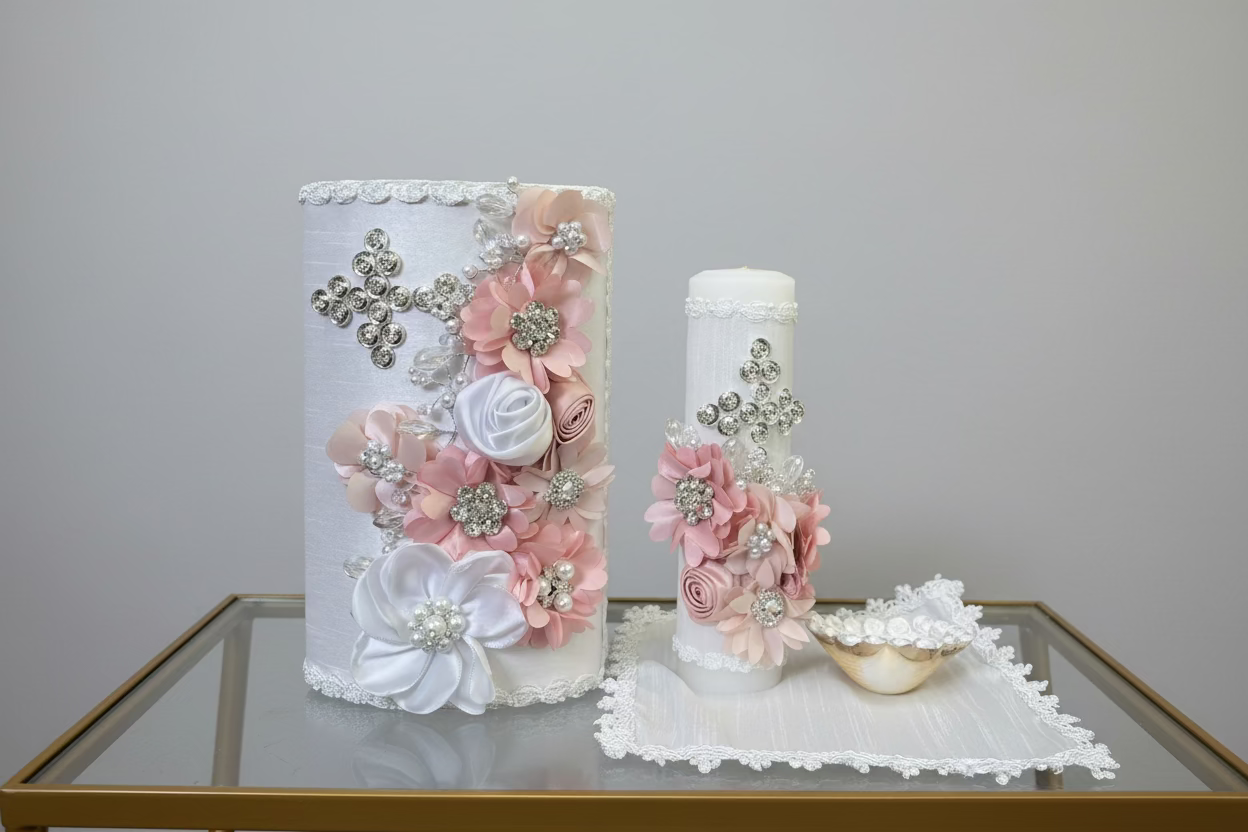 4 pz Wood box candle set in white for girls #7