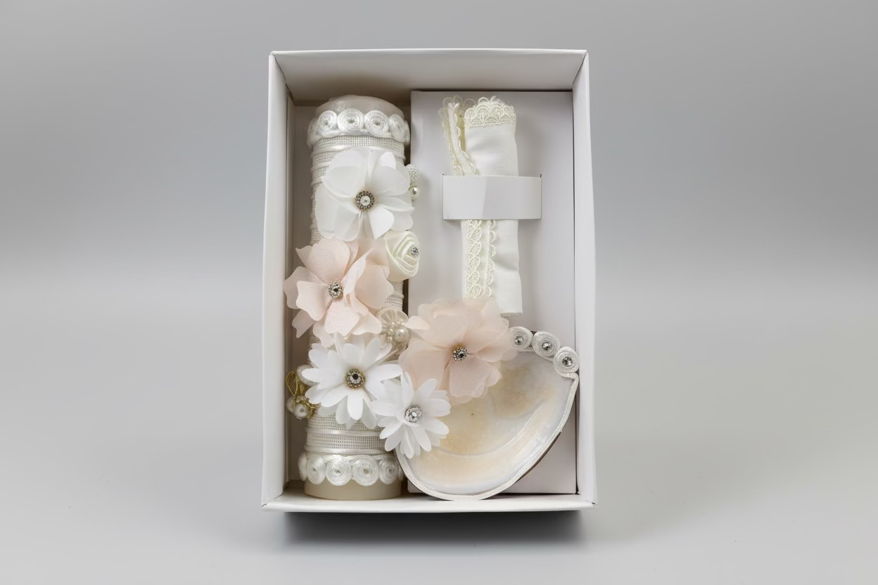 3 piece Girl baptism candle set in ivory Style 101