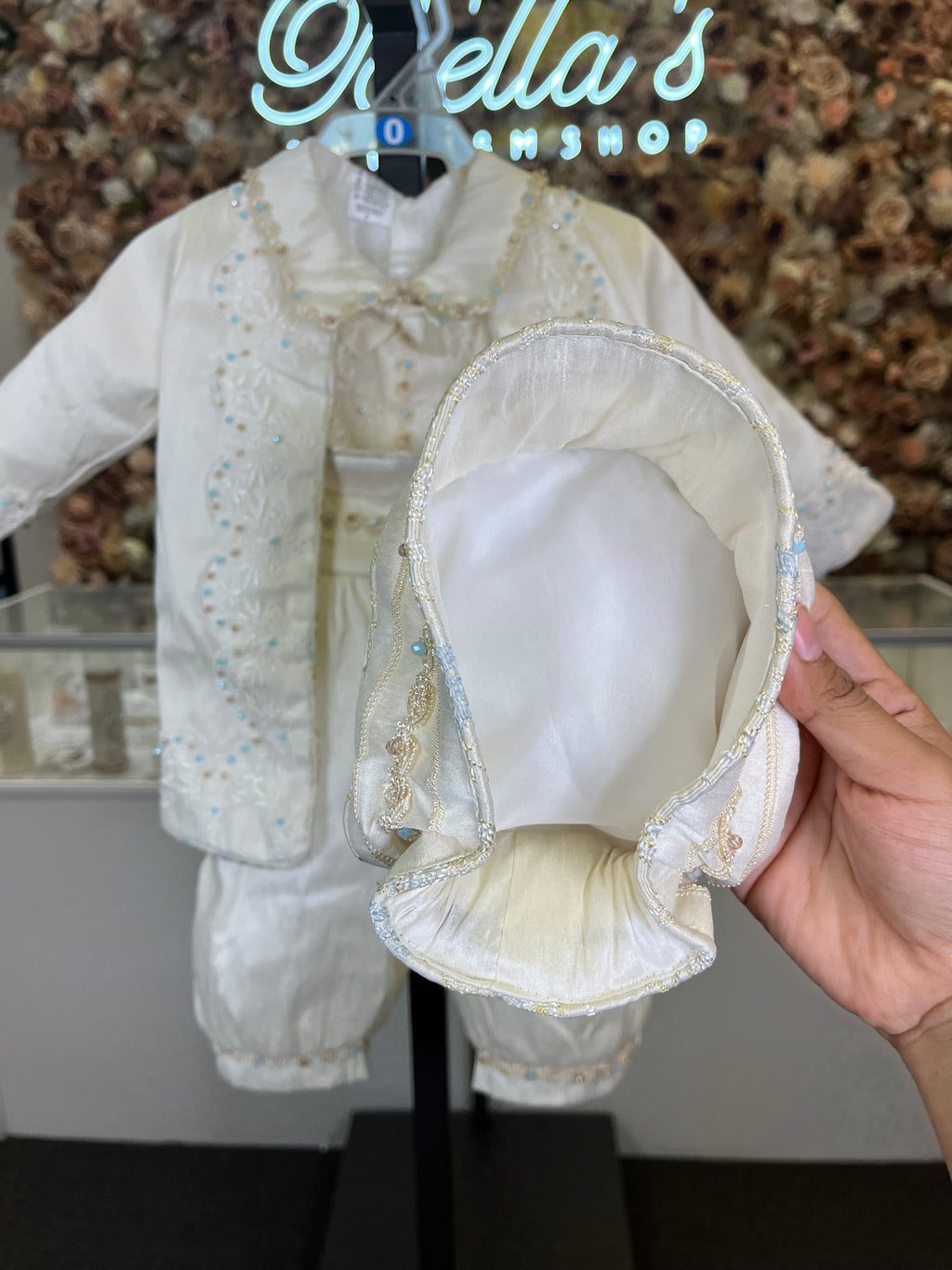 Prince Ricardo boy outfit in ivory with blue stones FINAL SALE/VENTA FINAL