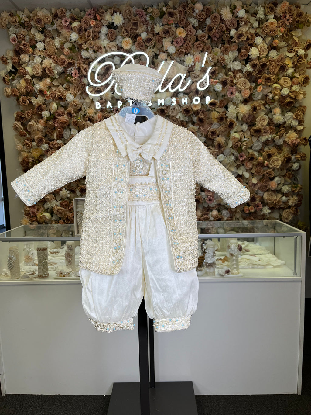 Prince Samuel boy outfit in ivory with blue stones FINAL SALE/VENTA FINAL