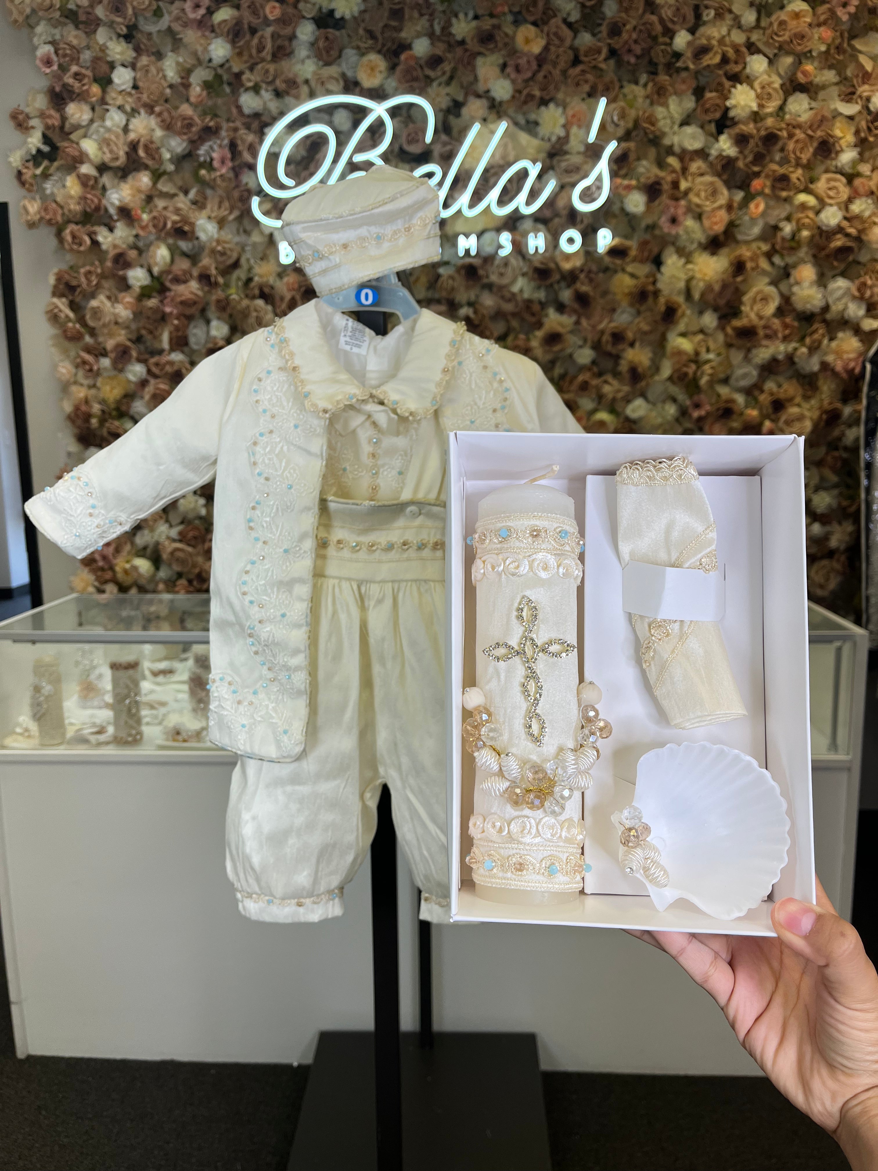 Prince Ricardo boy outfit in ivory with blue stones FINAL SALE/VENTA FINAL