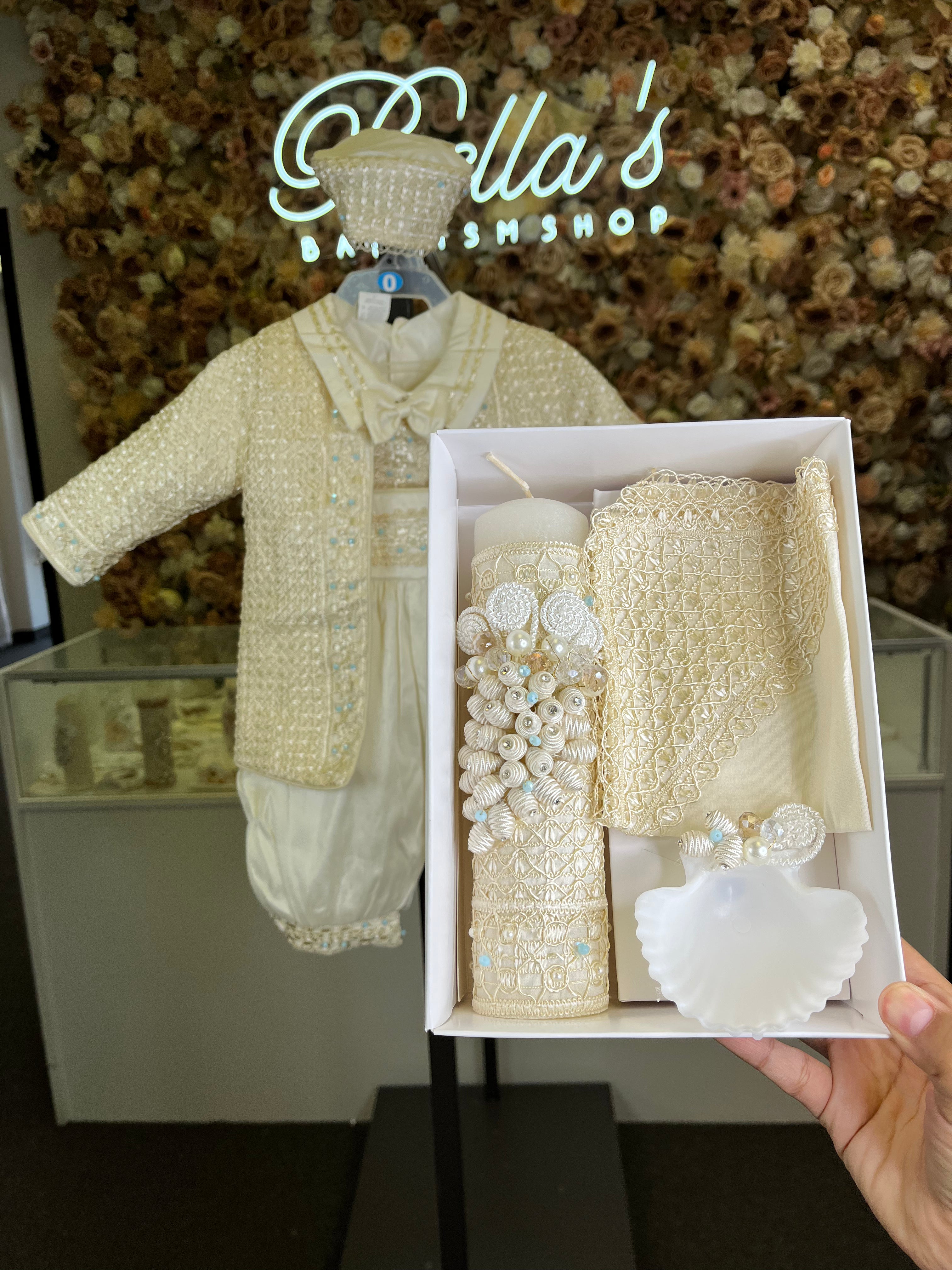 Prince Samuel boy outfit in ivory with blue stones FINAL SALE/VENTA FINAL