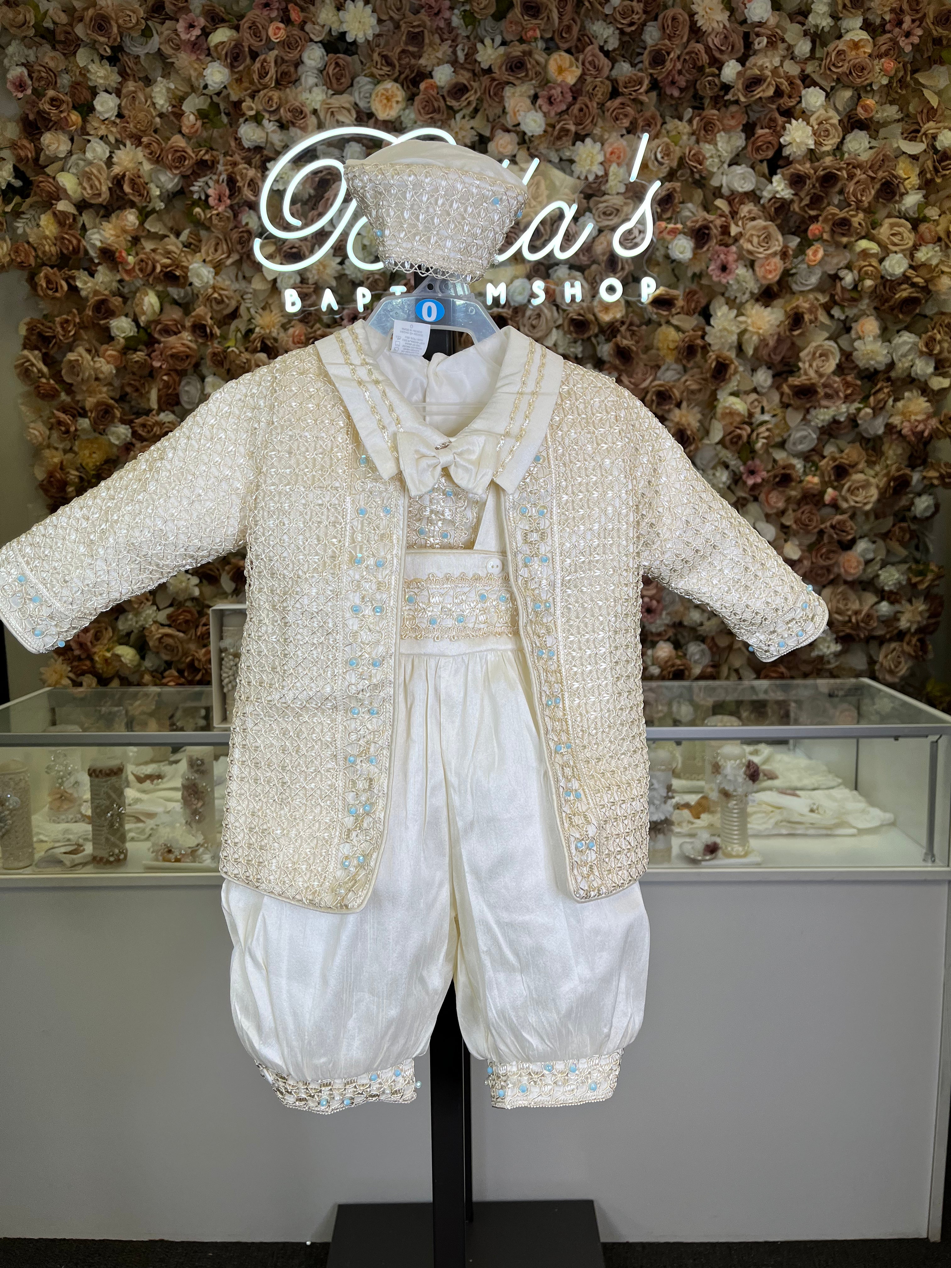Prince Samuel boy outfit in ivory with blue stones FINAL SALE/VENTA FINAL