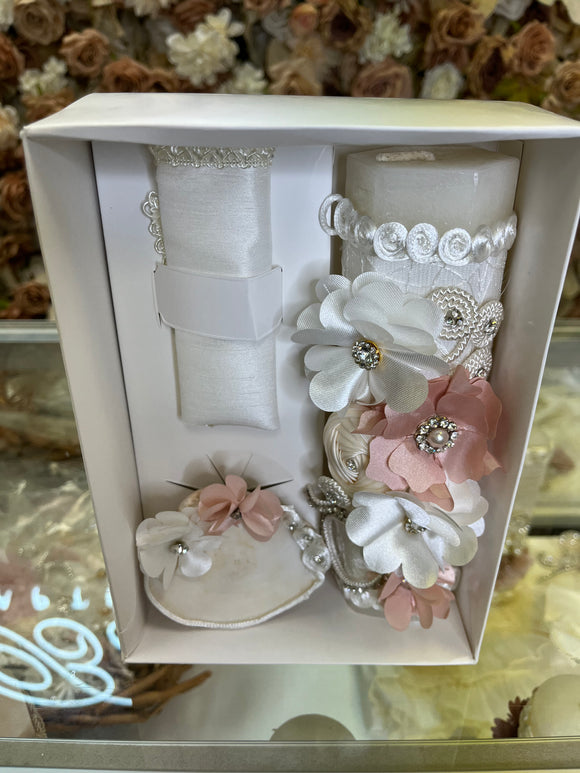 3 piece Girl baptism candle set in ivory Style 102