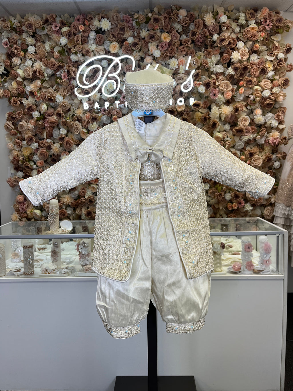 Prince Samuel boy outfit in Champagne with blue stones FINAL SALE/VENTA FINAL
