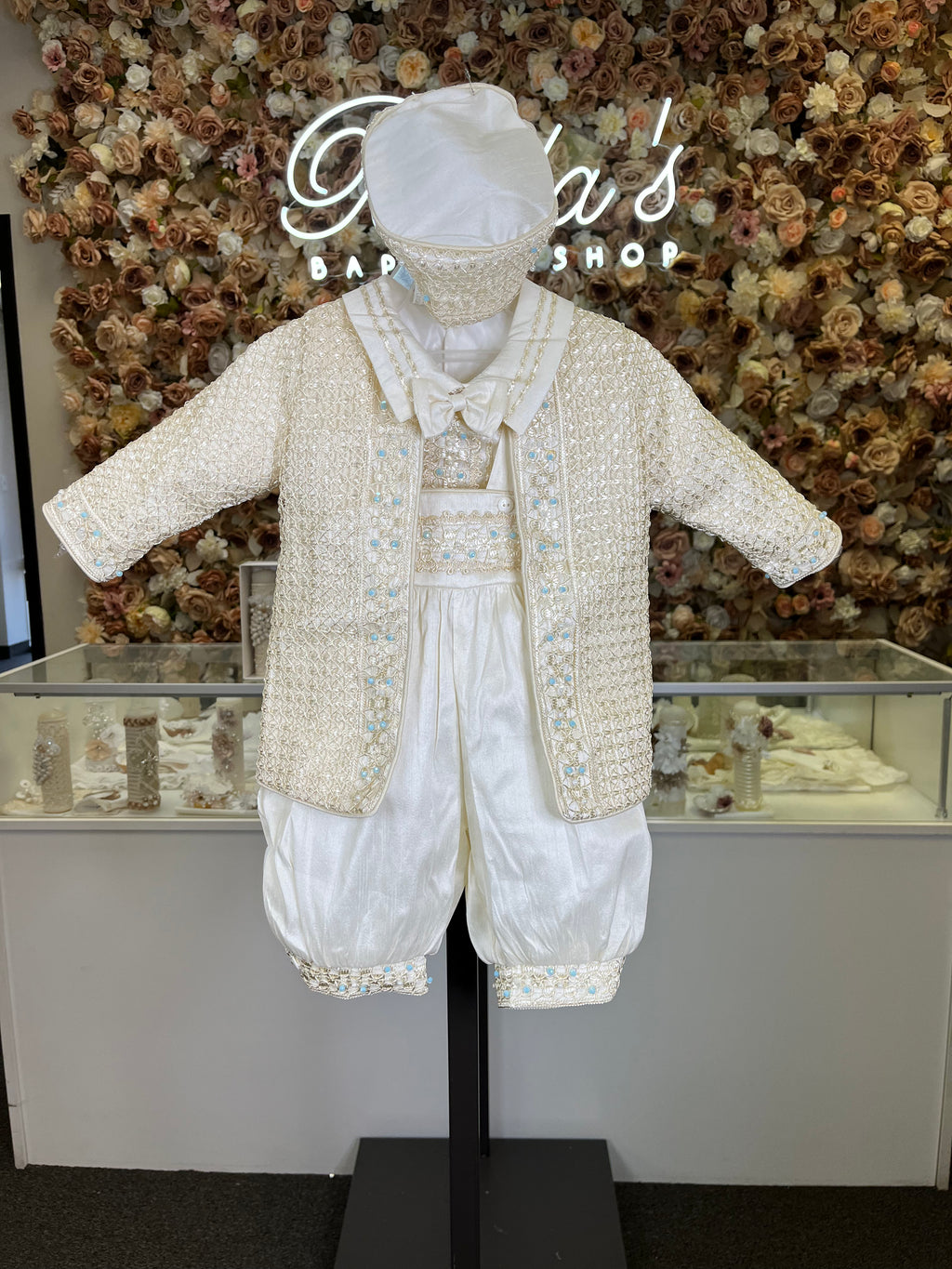 Prince Samuel boy outfit in ivory with blue stones FINAL SALE/VENTA FINAL