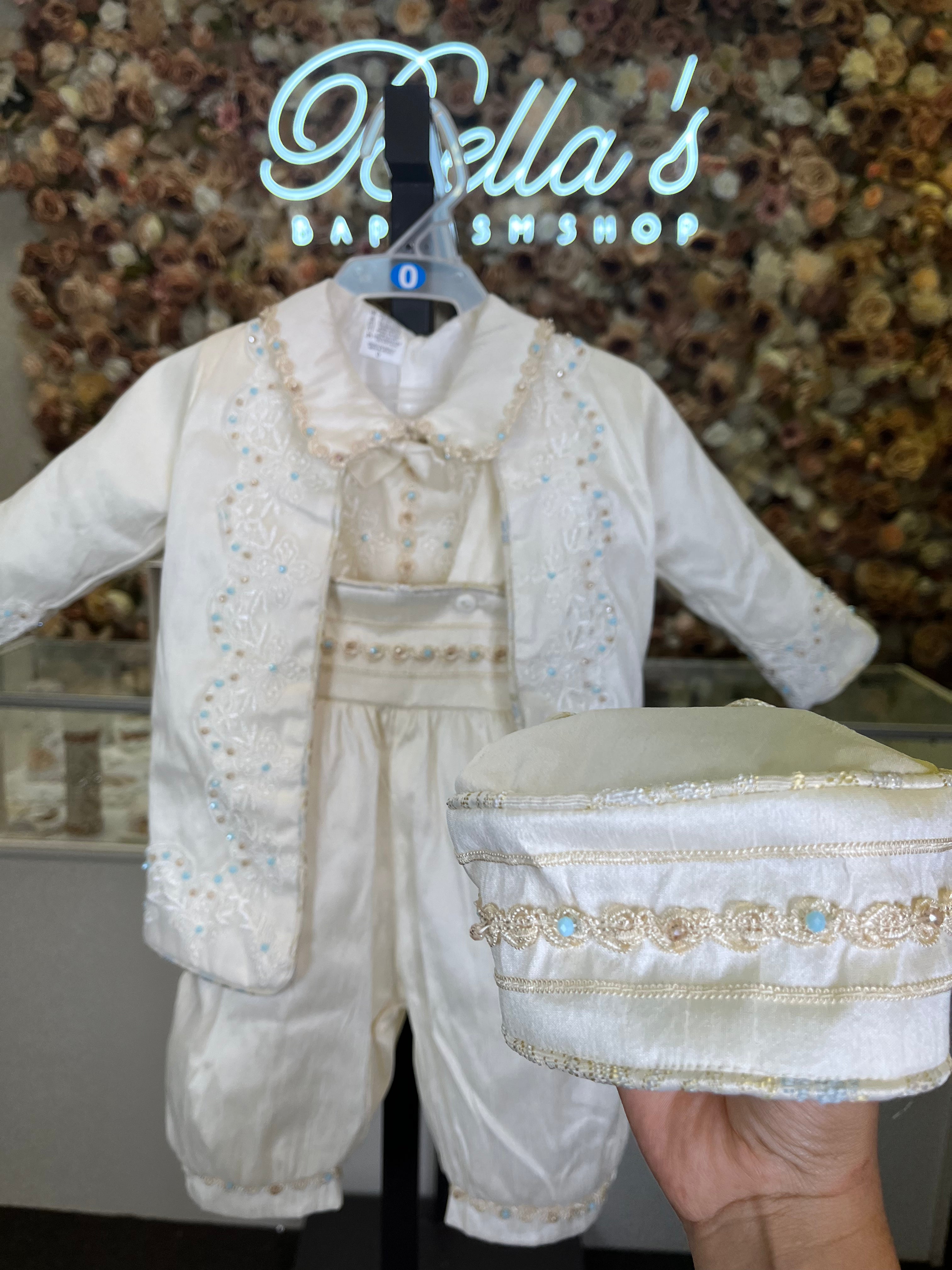 Prince Ricardo boy outfit in ivory with blue stones FINAL SALE/VENTA FINAL