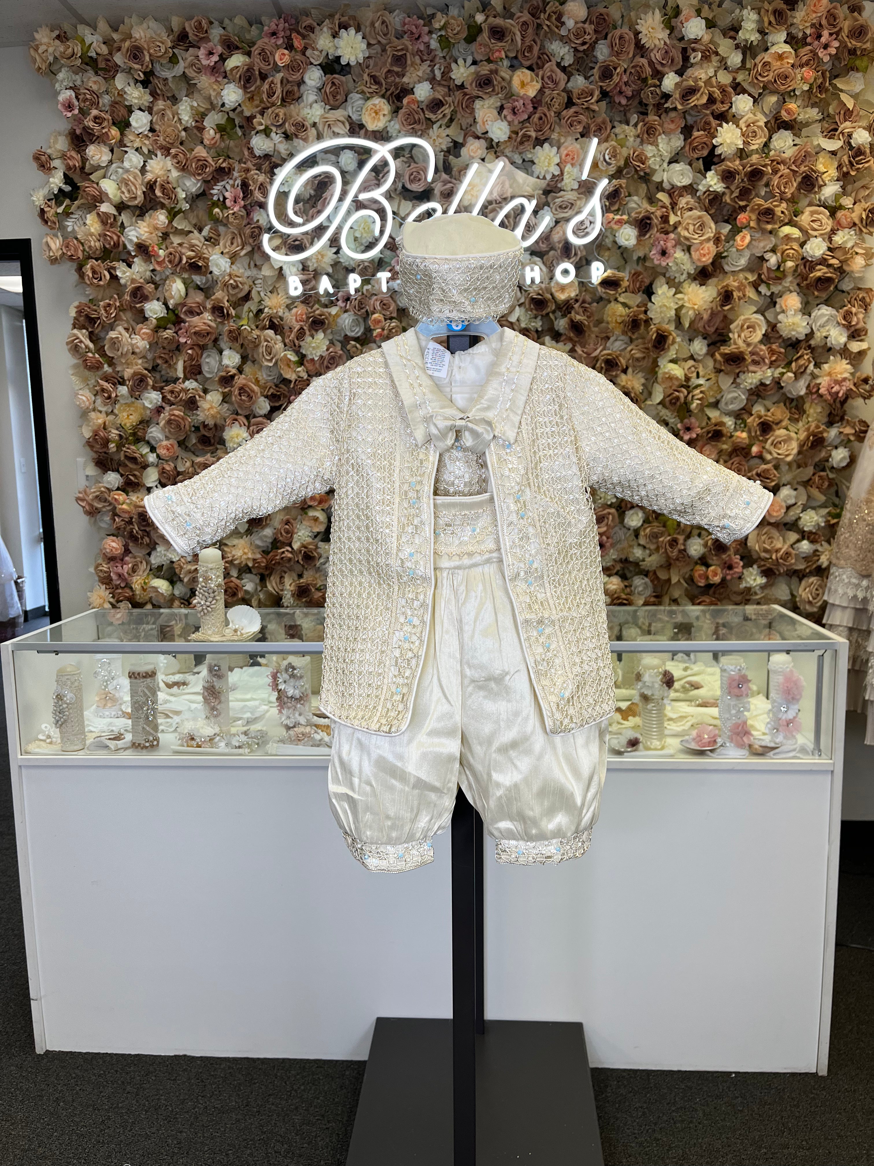 Prince Samuel boy outfit in Champagne with blue stones FINAL SALE/VENTA FINAL