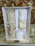 3 piece Cross Baptism Candle Set for boys in Ivory Style 58