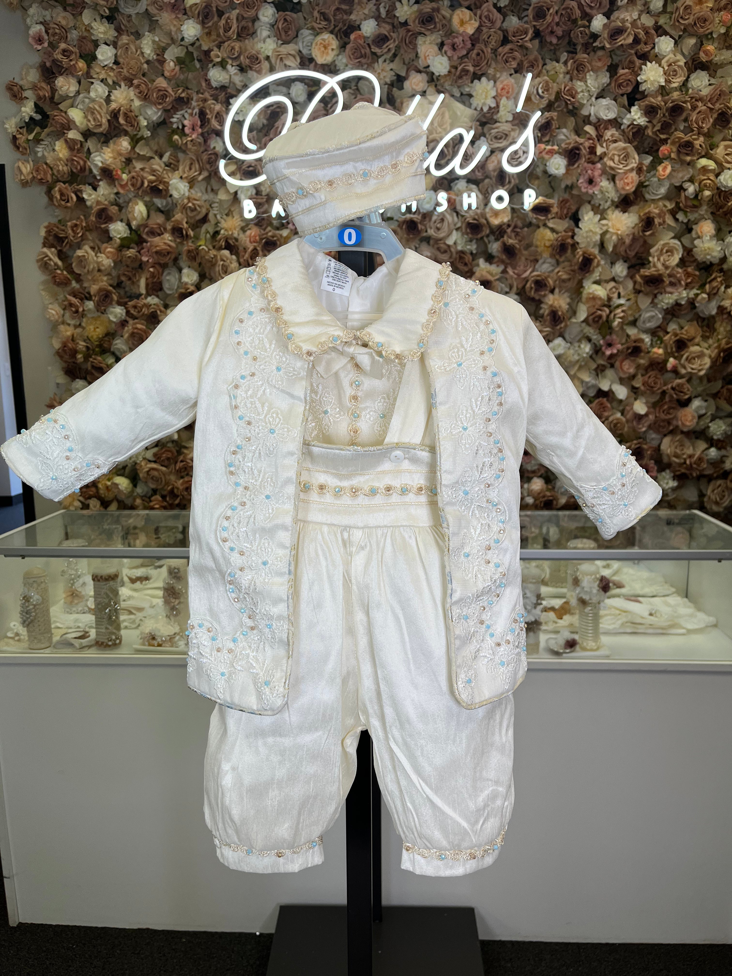 Prince Ricardo boy outfit in ivory with blue stones FINAL SALE/VENTA FINAL