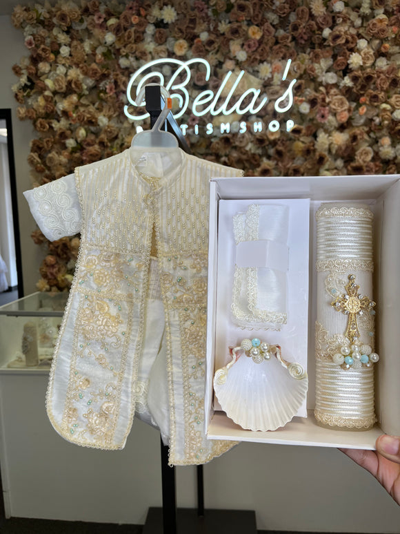 Damian Boy Baptism outfit in Ivory with Blue