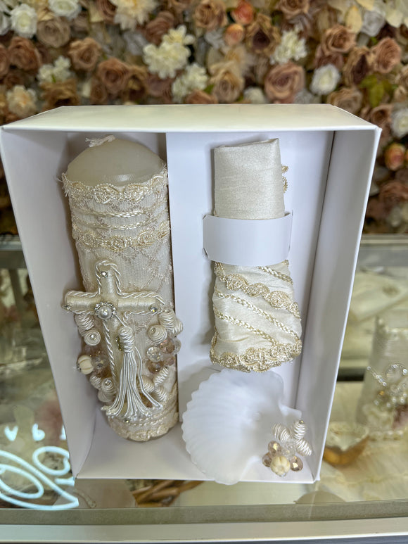3 piece Cross Baptism Candle Set for boys in Ivory Style 58