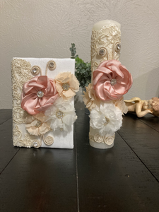 Girl Ivory First Communion Candle set with coral and peach tones