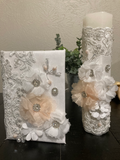 Girl White First Communion Candle Set with white and peach tone flowers