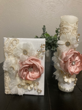 Girl Ivory First Communion Candle Set with coral and ivory tones