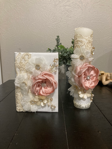 Girl Ivory First Communion Candle Set with coral and ivory tones