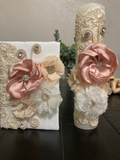 Girl Ivory First Communion Candle set with coral and peach tones