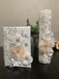 Girl White First Communion Candle Set with white and peach tone flowers